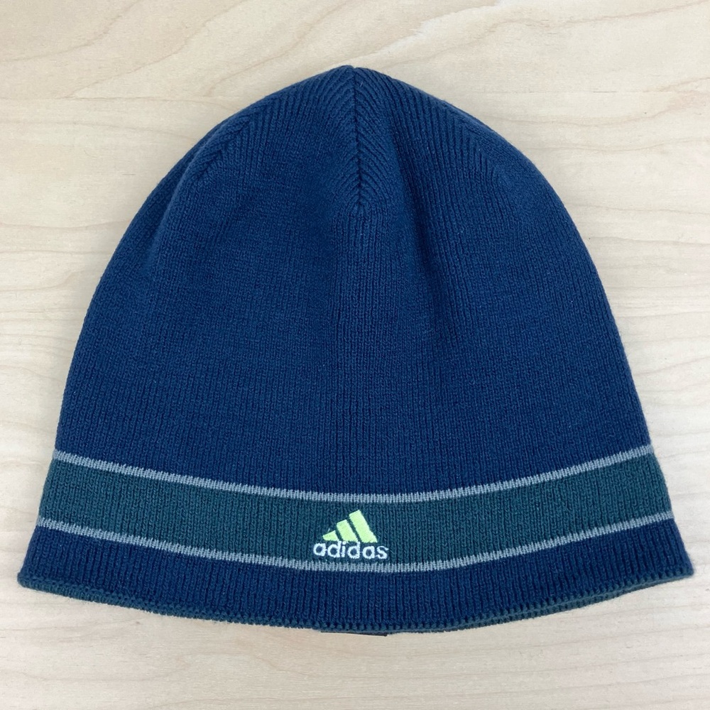 Adidas Climawarm Winter Beanie Skull Cap Reversible Stripe Logo Blue & Green